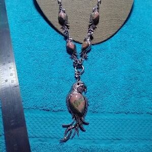 Silvertone parrot bird pink green stones island exotic necklace animal jewelry